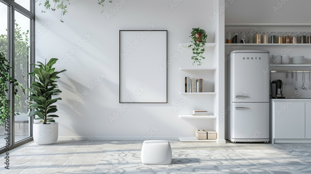 A white kitchen with a white refrigerator and a white wall A white kitchen with a white refrigerator and a white wall