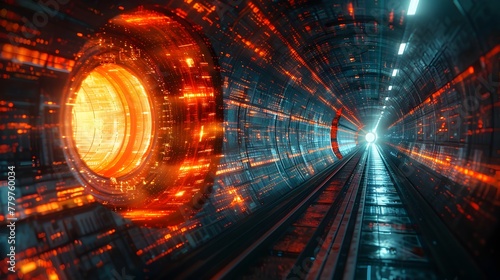 Captivating Digital Artwork Illustrating the Concept of a Cyber Ecosystem Through a Futuristic Neon Lit Tunnel