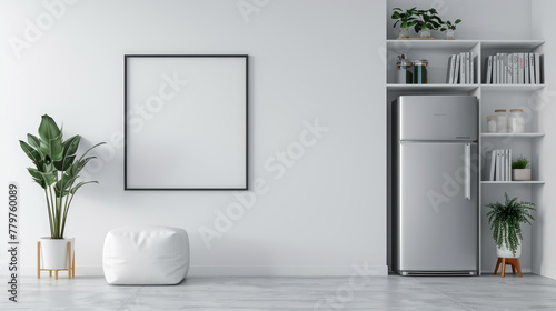 A white refrigerator with a black frame sits in a room with a white wall photo