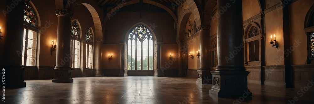 medieval theme luxury hotel reception lobby hall interior with columns wide angle panoramic from Generative AI