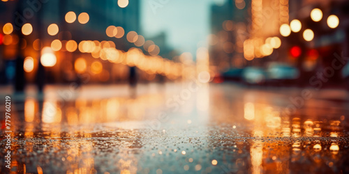 City Lights Reflections on Rain-Slicked Street at Twilight