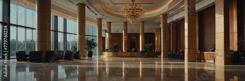 modern minimalist theme luxury hotel reception lobby hall interior with columns wide angle panoramic from Generative AI