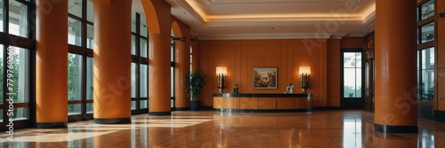 orange theme luxury hotel reception lobby hall interior with columns wide angle panoramic from Generative AI