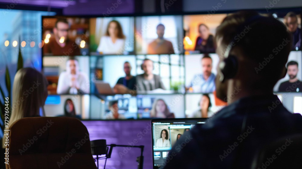 A woman sitting at a computer. She is on zoom and the screen show boxes with images of other people in a meeting