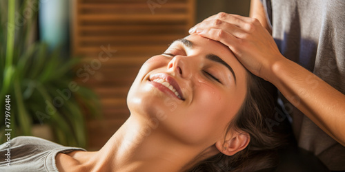 Relaxed Woman Enjoying a Facial Massage at a Wellness Spa