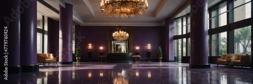 purple theme luxury hotel reception lobby hall interior with columns wide angle panoramic from Generative AI