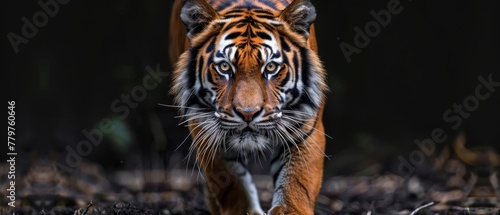 Isolated portrait of a tiger on a black background  with the enormous and magnificent panthera tigris in the foreground and an empty copy space behind it