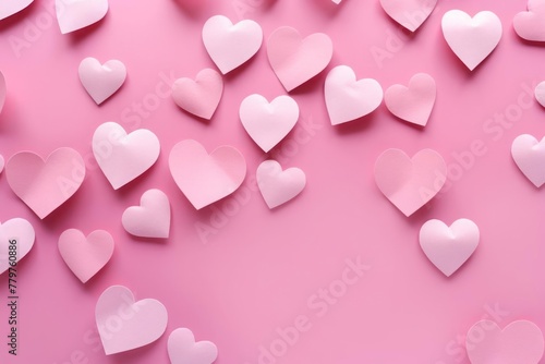 Pink hearts on pink color background. Pastel monochrome color print as Valentine's day or wedding background. Romantic holiday concept.