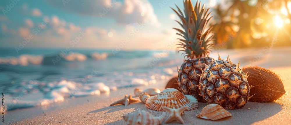 Coconuts, pineapples, and seashells with palm trees and sun rays surrounded by crystal-blue water. Tropical paradise landscape, summer tourism, and beach vacation. - obrazy, fototapety, plakaty 