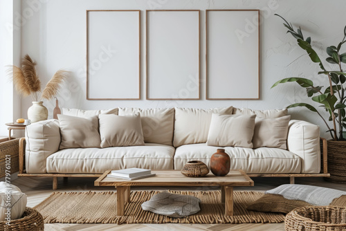 A living room with a white couch, a coffee table, and a vase