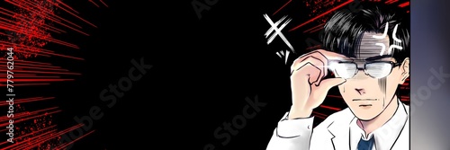 メガネをかけ直して監視するイケメン黒髪メガネ医師の少女漫画風カラーイラスト黒背景 photo