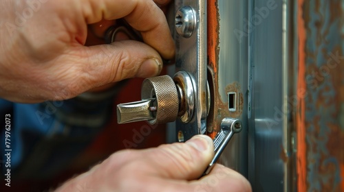 Close-up on a locksmith installing a panic latch, emphasizing the precision in repair and replacement services for door security photo