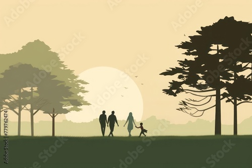 A family outing  featuring a family of various ages walking together along a tree-lined path.