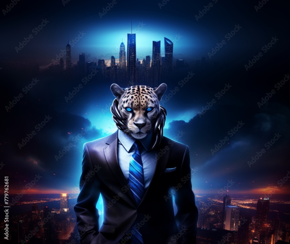 A cheetah stands tall in a full-length business suit against a dark, mysterious backdrop, embodying unmatched authority and elegance, Futuristic - obrazy, fototapety, plakaty 