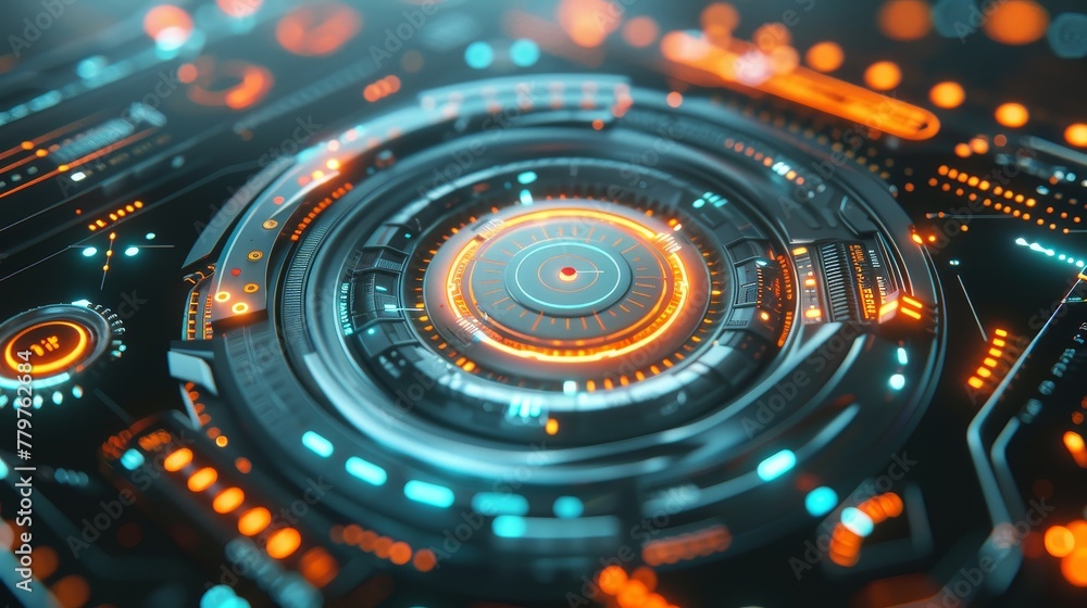 Sci-fi interface with circle and buttons, dark background - obrazy, fototapety, plakaty 
