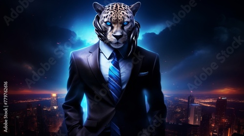 A cheetah stands tall in a full-length business suit against a dark, mysterious backdrop, embodying unmatched authority and elegance, Futuristic