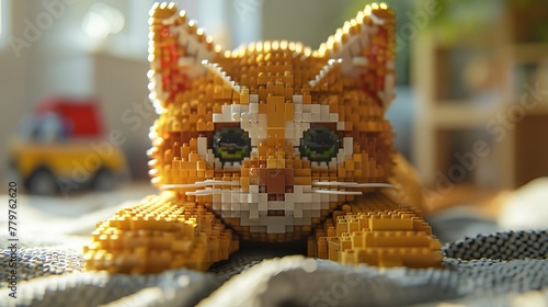  Lego cat playfully sprawls on colorful patchwork quilt. photo