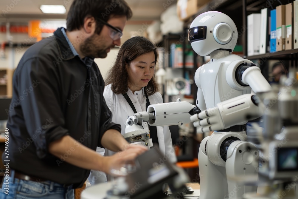 Scientist Analyzing Data with Advanced Robotic Arm in Laboratory