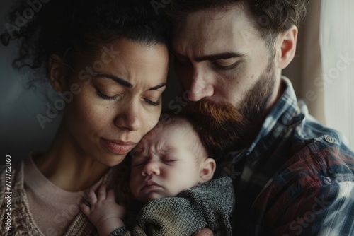 Serene Family Embrace, Parents with Sleeping Newborn