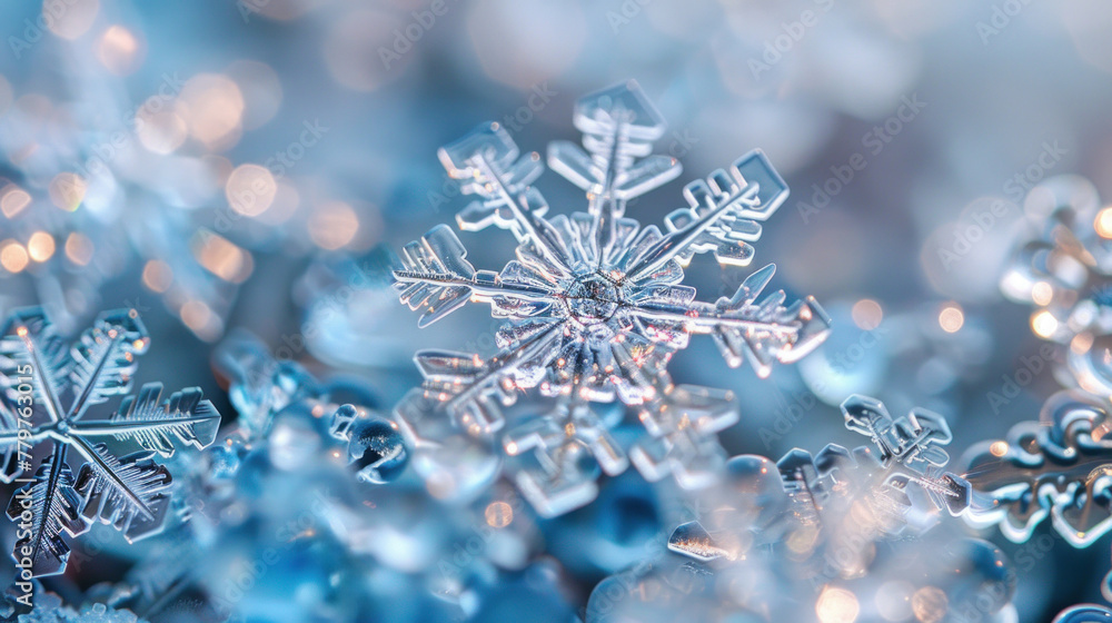 Icy crystal snowflakes with intricate patterns on a blurred background, copy space, banner Icy crystal snowflakes with intricate patterns on a blurred background, copy space, banner
