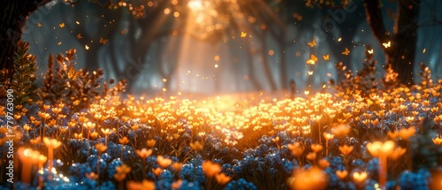 Bluebells and butterflies in emerald green fantasy gardens, elf forest with bells, forest in the dark with light of the moon in the foreground. © Антон Сальников