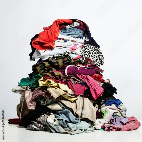 A cluttered stack of various clothing items resting on a clean white table against a plain white backdrop © VICHIZH