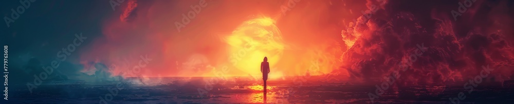 Banner of Silhouette Against Dramatic Apocalypse Sky with Explosive Eruption.