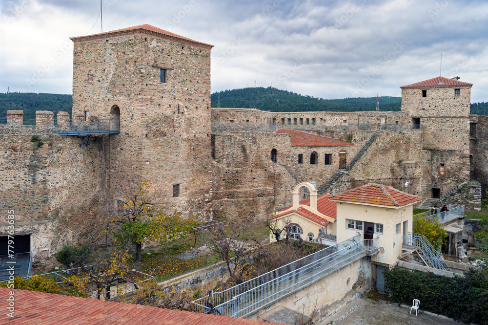 The Heptapyrgion or Yedikule (Seven Towers), a former fortress, later a prison and now a museum in Thessaloniki, Greece. Panoramic view of the walls and the church of the prison.