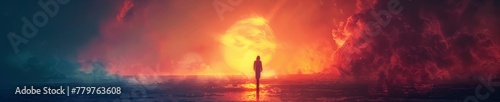 Banner of Silhouette Against Dramatic Apocalypse Sky with Explosive Eruption.