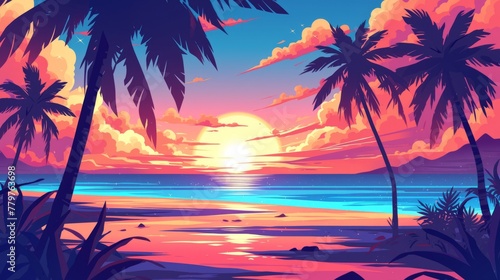 Sunset Beach Illustration: Tropical Getaway with Palm Trees © ran