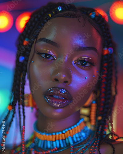 Closeup art fashion portrait of beautiful African woman with colorful braids in neon colors