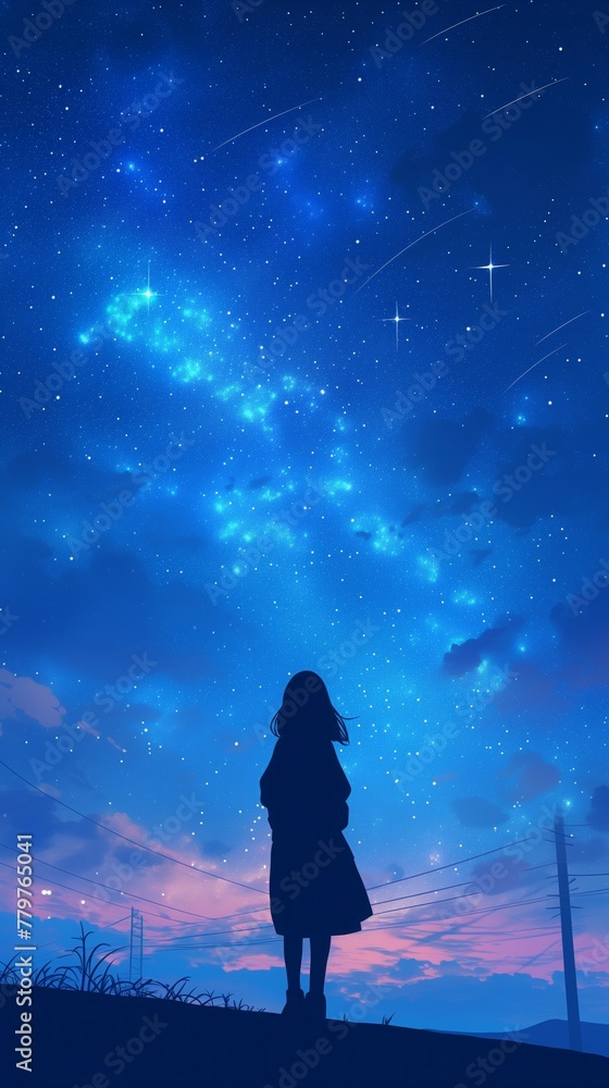 Girl silhouette blue starry night sky shooting stars gradient dusk horizon