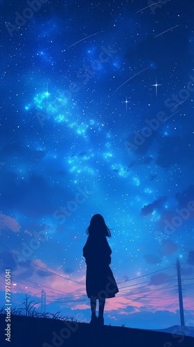 Girl silhouette blue starry night sky shooting stars gradient dusk horizon