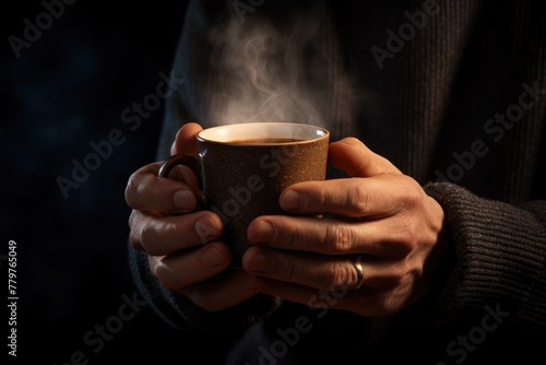 Person holding a cup of hot coffee with rising steam