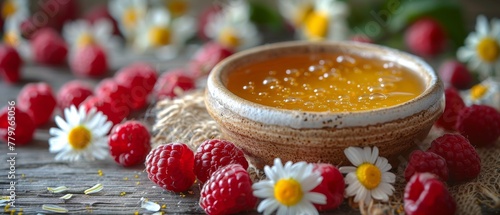 Sackcloth with raspberries, daisies, honey bowl, glasses of milk