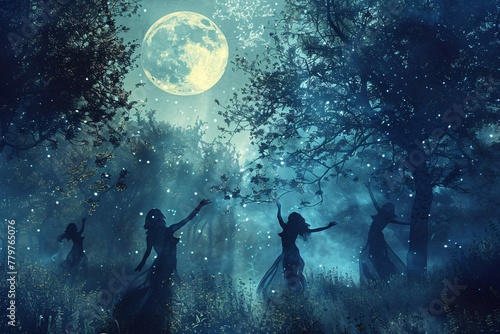 A gathering of individuals standing among trees in the forest illuminated by the bright light of a full moon