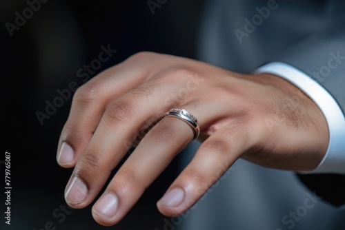 Close-up of a wedding ring on the groom's hand