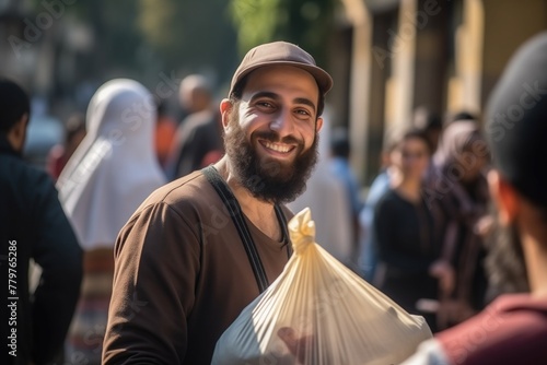 Smiling man from a Muslim country holding a bag of necessities. Charitable distribution of food to needy photo