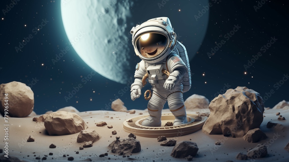 3D playful render of astronaut on tiny moon