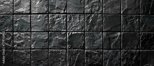 A seamless grid of dark slate tiles create a striking textured wall surface, with subtle variations and natural cracks adding depth and visual interest.
