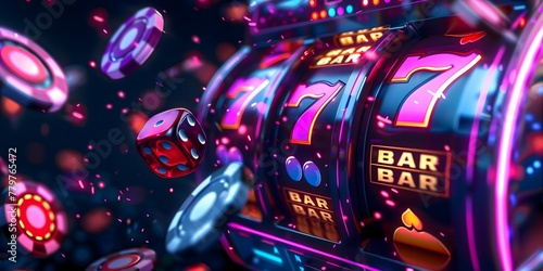 3d casino slot machine neon lights with flying chips and dice, gambling concept