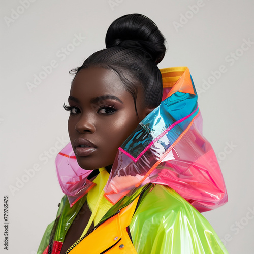 Beautiful black woman with silk hair wearing colorful hooded raincoat. Fashion studio photoshoot.