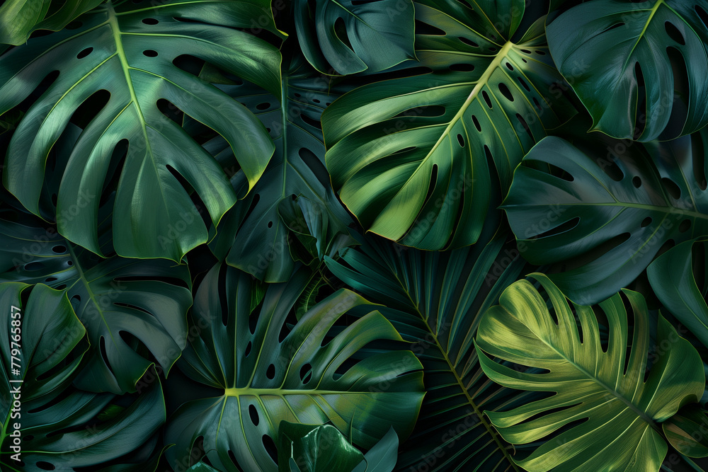 Abstract nature background. Dark green palm and monstera leaf texture. Greenery pattern for wallpaper, cover design or banner. Abstract nature background. Dark green palm and monstera leaf texture. Greenery pattern for wallpaper, cover design or banner.
