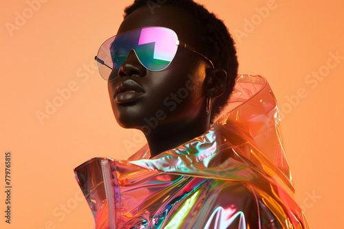 Close up of a fashion black model wearing a futuristic glossy rainbow colors transparent raincoat and sunglasses against a peach background. Minimal fashion concept. photo
