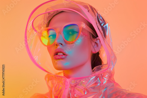 Close up of a fashion model wearing a futuristic glossy rainbow colors transparent raincoat and sunglasses against a peach background. Minimal fashion concept.