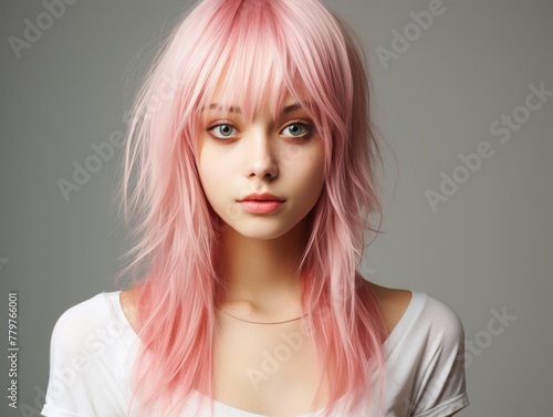Woman With Pink Hair and White Shirt
