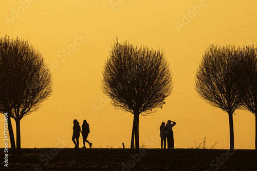 black silhouettes against the colourful background of the setting sun with with some people