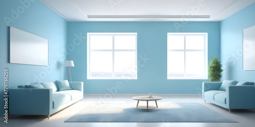 A living room featuring blue walls and white furniture