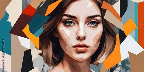 Abstract modern art collage portrait of young woman. Trendy paper collage composition. © Vahid