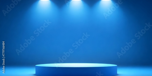 A blue podium illuminated by three spotlights, creating a bright and focused area for performers